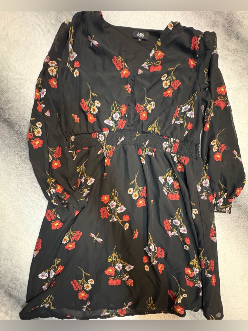 (A1) ABS Allen Schwartz Plus Size 2X Floral Mini Dress Black Red‎ Long Sleeve